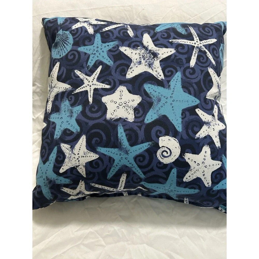 Set of 2 Blue & White Coastal Starfish Square Throw Pillows 18x18 Sewn Closed